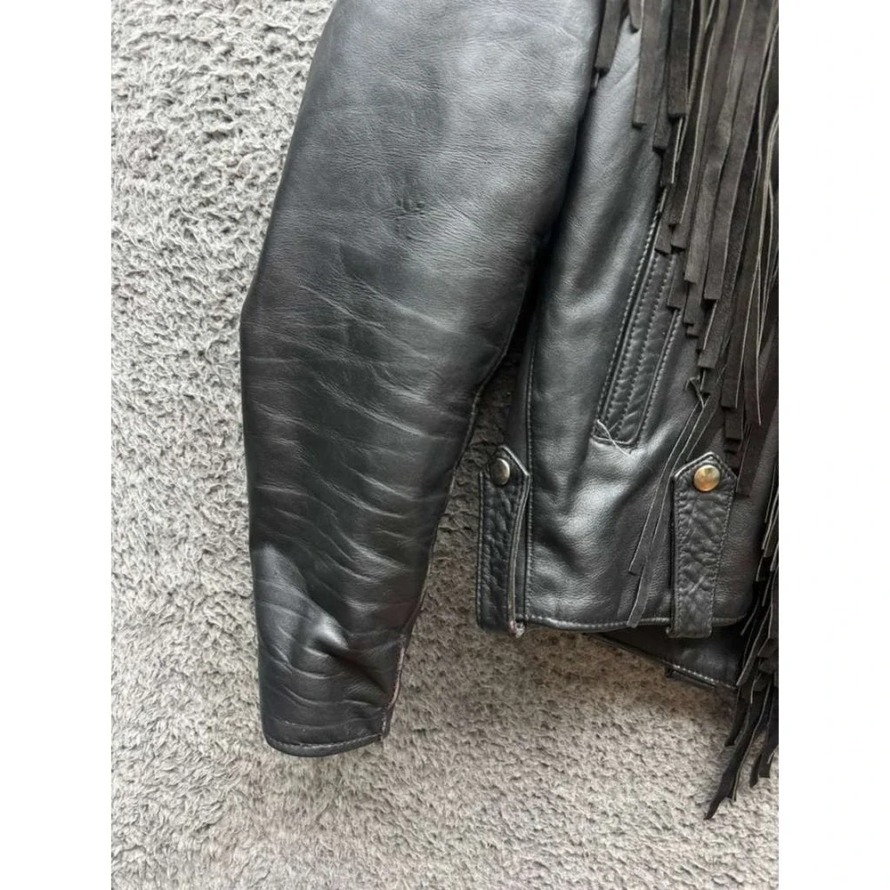 Vintage Suede Leather Fringe Collared‎ Full Zip Biker Jacket Black Mens Size 42